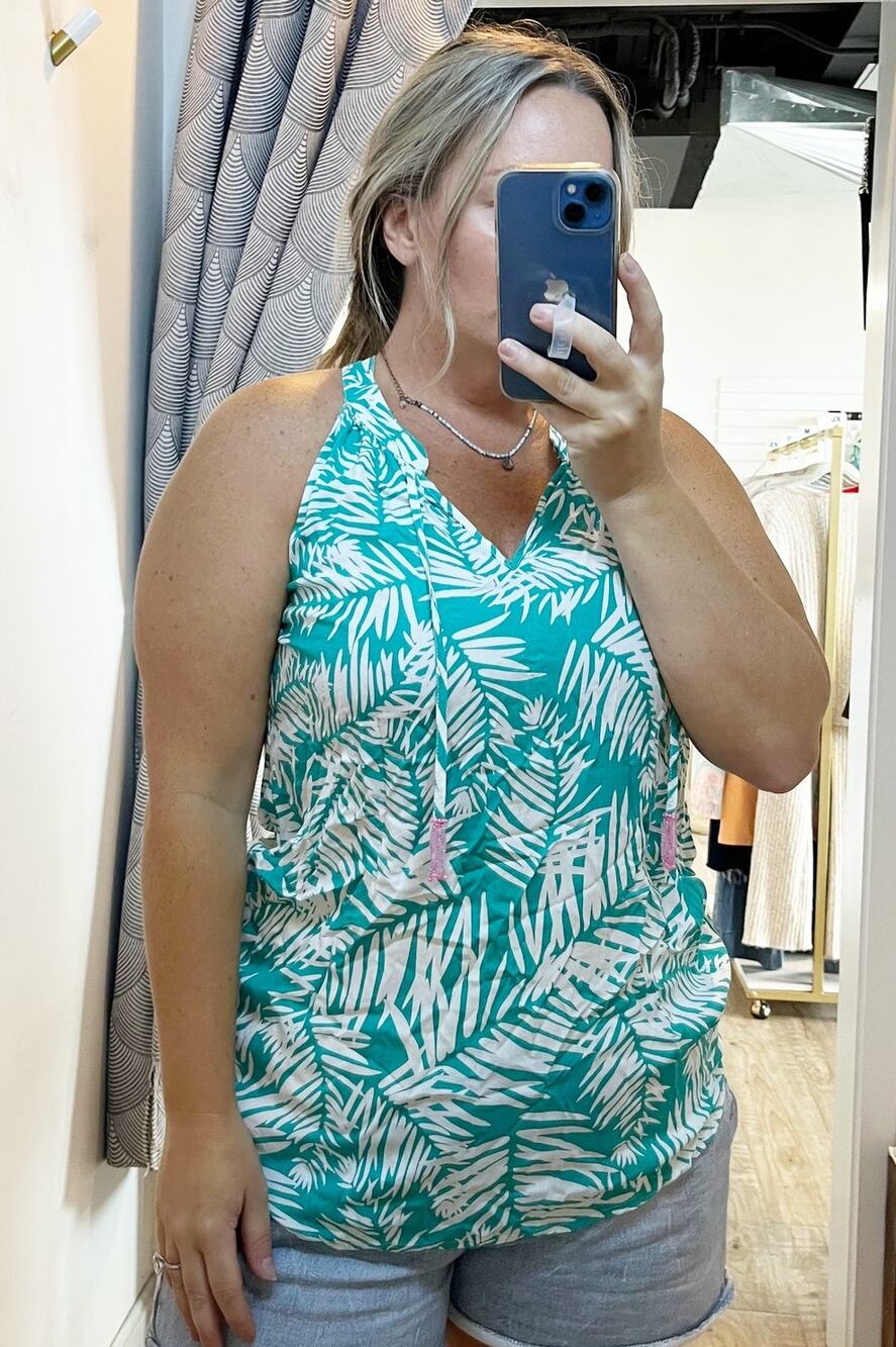 Escapada Living Palm Print Sleeveless V-Neck Tassel Tie Tank Top Blue White L